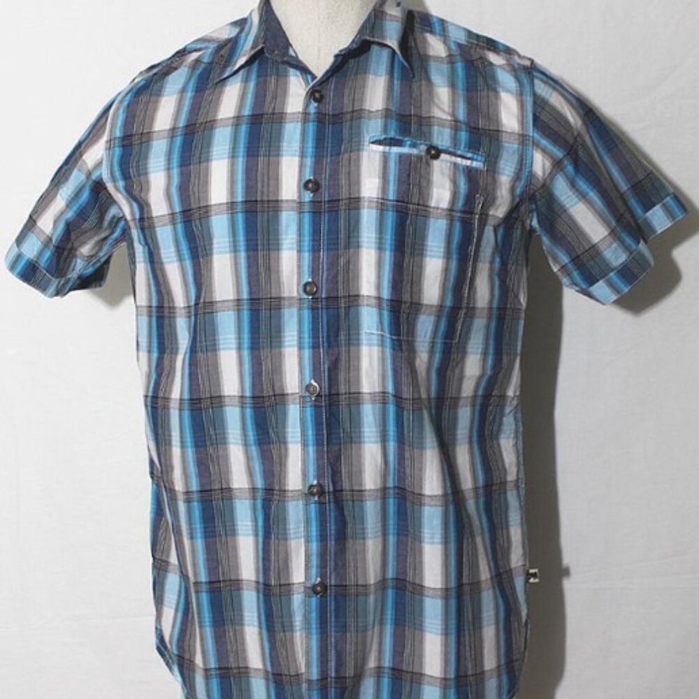 Dakota Grizzly Plaid Short Sleeved Shirt Men's Medium Aqua Blue - White- Grey